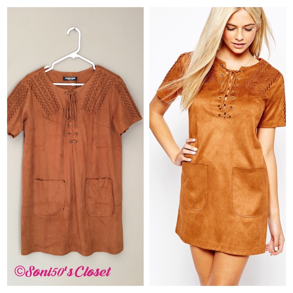 Faux suede lace up shift dress